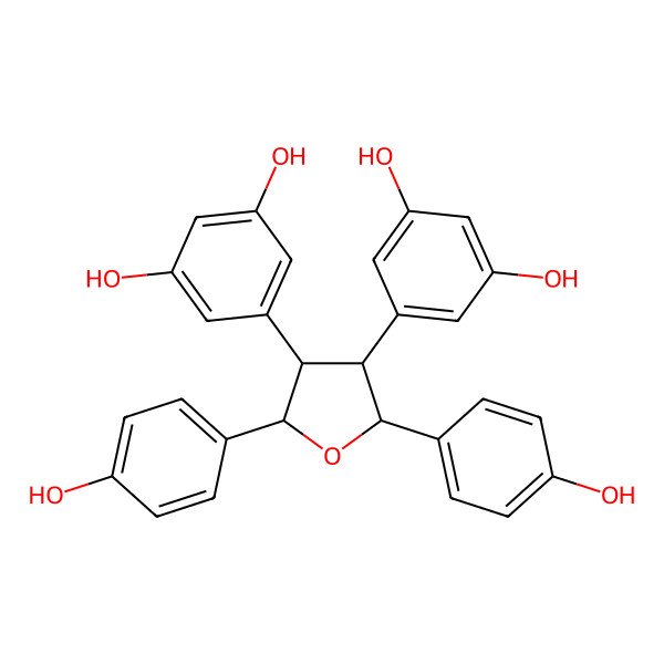 2D Structure of 1,3-Benzenediol, 5,5'-((2R,3S,4S,5R)-tetrahydro-2,5-bis(4-hydroxyphenyl)-3,4-furandiyl)bis-, rel- 2D Structure of 1,3-Benzenediol, 5,5'-((2R,3S,4S,5R)-tetrahydro-2,5-bis(4-hydroxyphenyl)-3,4-furandiyl)bis-, rel-