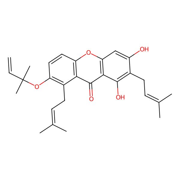 2D Structure of 1,3-Dihydroxy-2,8-bis(3-methylbut-2-enyl)-7-(2-methylbut-3-en-2-yloxy)xanthen-9-one 2D Structure of 1,3-Dihydroxy-2,8-bis(3-methylbut-2-enyl)-7-(2-methylbut-3-en-2-yloxy)xanthen-9-one
