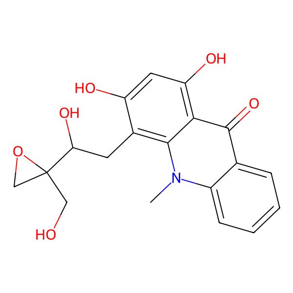 2D Structure of 1,3-Dihydroxy-4-[2-hydroxy-2-[2-(hydroxymethyl)oxiran-2-yl]ethyl]-10-methylacridin-9-one