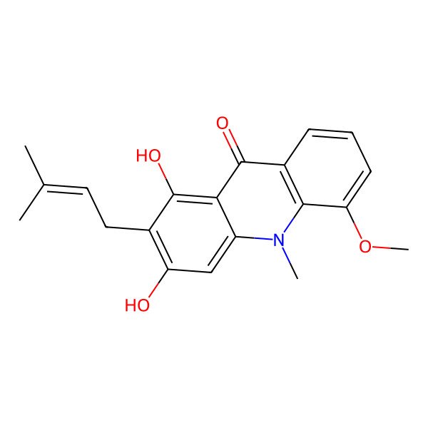 2D Structure of 1,3-Dihydroxy-5-methoxy-10-methyl-2-(3-methylbut-2-enyl)acridin-9-one