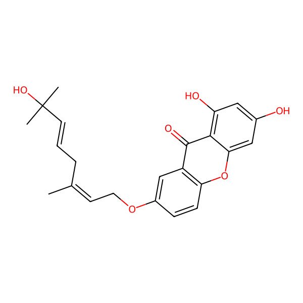 2D Structure of 1,3-Dihydroxy-7-(7-hydroxy-3,7-dimethylocta-2,5-dienoxy)xanthen-9-one 2D Structure of 1,3-Dihydroxy-7-(7-hydroxy-3,7-dimethylocta-2,5-dienoxy)xanthen-9-one
