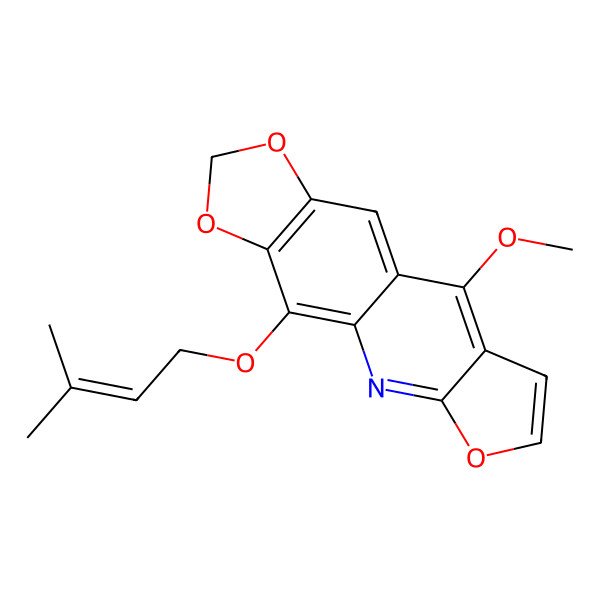2D Structure of 1,3-Dioxolo(4,5-g)furo(2,3-b)quinoline, 9-methoxy-4-((3-methyl-2-butenyl)oxy)-