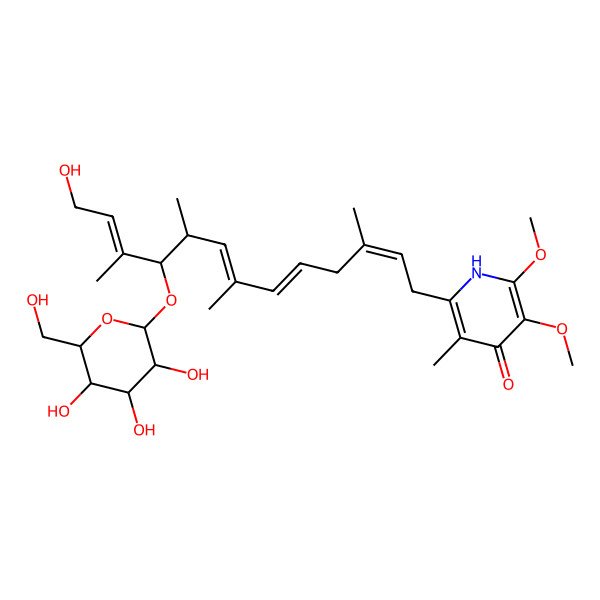 2D Structure of beta-D-Glucopyranoside, 10-(4-hydroxy-5,6-dimethoxy-3-methyl-2-pyridinyl)-1-(3-hydroxy-1-methyl-1-propenyl)-2,4,8-trimethyl-3,5,8-decatrienyl, (R-(R*,R*(all-E)))-