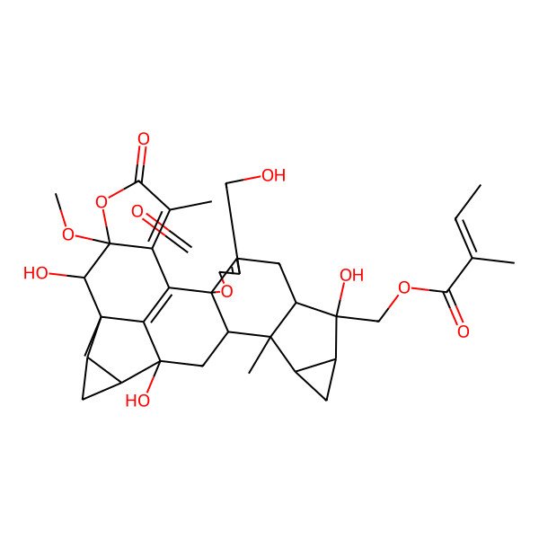 2D Structure of [9,16,21-Trihydroxy-5-(hydroxymethyl)-22-methoxy-13,20,25-trimethyl-4,24-dioxo-3,23-dioxanonacyclo[14.10.1.02,6.02,14.08,13.010,12.017,19.020,27.022,26]heptacosa-1(27),5,25-trien-9-yl]methyl 2-methylbut-2-enoate