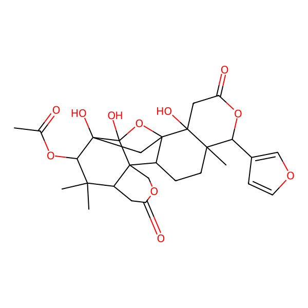 2D Structure of [6-(Furan-3-yl)-2,19,20-trihydroxy-7,17,17-trimethyl-4,14-dioxo-5,13,21-trioxahexacyclo[17.2.1.01,10.02,7.011,16.011,20]docosan-18-yl] acetate