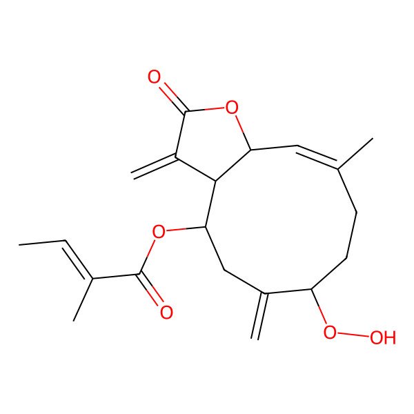 2D Structure of (7-hydroperoxy-10-methyl-3,6-dimethylidene-2-oxo-4,5,7,8,9,11a-hexahydro-3aH-cyclodeca[b]furan-4-yl) 2-methylbut-2-enoate