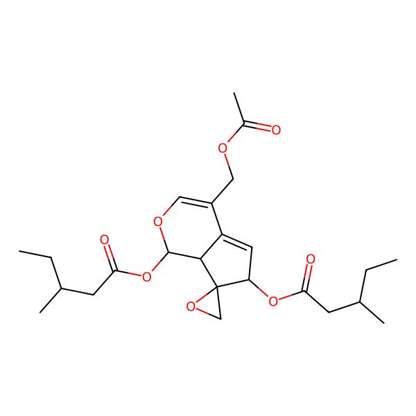 2D Structure of [(1S,6S,7R,7aS)-4-(acetyloxymethyl)-1-[(3S)-3-methylpentanoyl]oxyspiro[6,7a-dihydro-1H-cyclopenta[c]pyran-7,2'-oxirane]-6-yl] (3R)-3-methylpentanoate