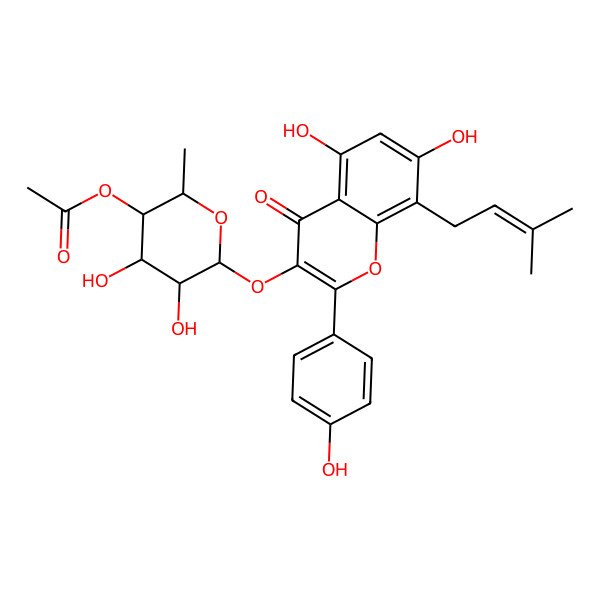 2D Structure of [(2S,3R,4R,5S,6S)-6-[5,7-dihydroxy-2-(4-hydroxyphenyl)-8-(3-methylbut-2-enyl)-4-oxochromen-3-yl]oxy-4,5-dihydroxy-2-methyloxan-3-yl] acetate