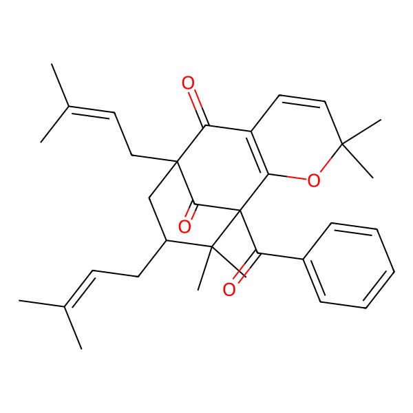 2D Structure of 1-Benzoyl-4,4,12,12-tetramethyl-9,11-bis(3-methylbut-2-enyl)-3-oxatricyclo[7.3.1.02,7]trideca-2(7),5-diene-8,13-dione
