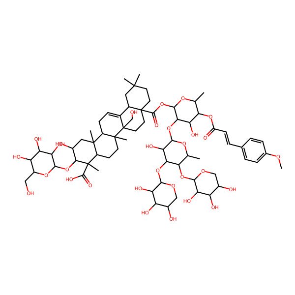 2D Structure of 2-Hydroxy-8a-[4-hydroxy-3-[3-hydroxy-6-methyl-4,5-bis[(3,4,5-trihydroxyoxan-2-yl)oxy]oxan-2-yl]oxy-5-[3-(4-methoxyphenyl)prop-2-enoyloxy]-6-methyloxan-2-yl]oxycarbonyl-6b-(hydroxymethyl)-4,6a,11,11,14b-pentamethyl-3-[3,4,5-trihydroxy-6-(hydroxymethyl)oxan-2-yl]oxy-1,2,3,4a,5,6,7,8,9,10,12,12a,14,14a-tetradecahydropicene-4-carboxylic acid