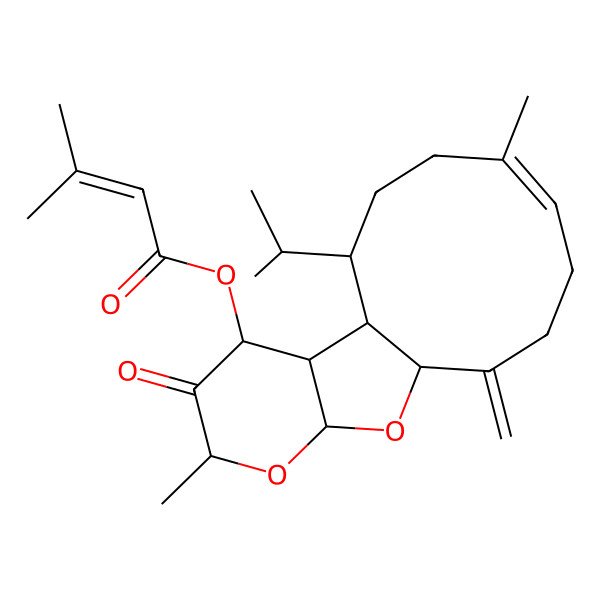 2D Structure of (6,14-Dimethyl-2-methylidene-13-oxo-9-propan-2-yl-15,17-dioxatricyclo[8.7.0.011,16]heptadec-5-en-12-yl) 3-methylbut-2-enoate