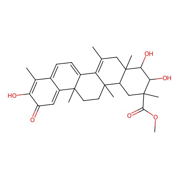 2D Structure of methyl (2S,3R,4S,4aR,14aS,14bS)-3,4,10-trihydroxy-2,4a,6,6a,9,14a-hexamethyl-11-oxo-3,4,5,13,14,14b-hexahydro-1H-picene-2-carboxylate