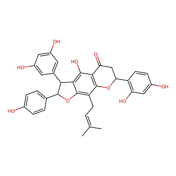 2D Structure of (2R,3S,7S)-7-(2,4-dihydroxyphenyl)-3-(3,5-dihydroxyphenyl)-4-hydroxy-2-(4-hydroxyphenyl)-9-(3-methylbut-2-enyl)-2,3,6,7-tetrahydrofuro[3,2-g]chromen-5-one