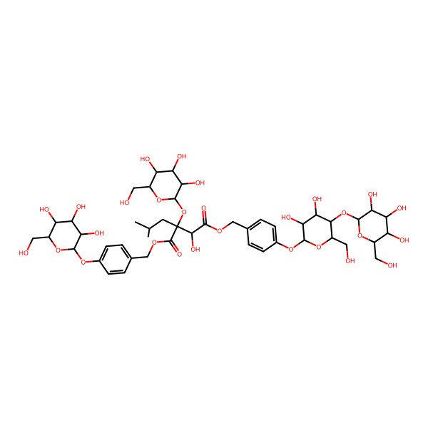 2D Structure of 4-O-[[4-[(2S,3R,4R,5S,6R)-3,4-dihydroxy-6-(hydroxymethyl)-5-[(2R,3R,4S,5S,6R)-3,4,5-trihydroxy-6-(hydroxymethyl)oxan-2-yl]oxyoxan-2-yl]oxyphenyl]methyl] 1-O-[[4-[(2S,3R,4S,5S,6R)-3,4,5-trihydroxy-6-(hydroxymethyl)oxan-2-yl]oxyphenyl]methyl] (2R,3S)-3-hydroxy-2-(2-methylpropyl)-2-[(2S,3R,4S,5S,6R)-3,4,5-trihydroxy-6-(hydroxymethyl)oxan-2-yl]oxybutanedioate