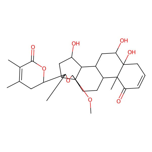 2D Structure of 6-(4,5-Dimethyl-6-oxo-2,3-dihydropyran-2-yl)-3,18,19-trihydroxy-8-methoxy-6,13-dimethyl-7-oxapentacyclo[10.8.0.02,9.05,9.013,18]icos-15-en-14-one