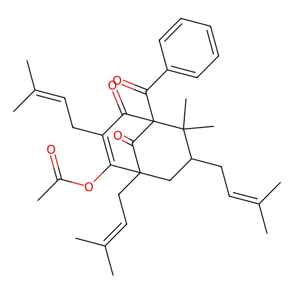 2D Structure of [(1R,5R,7S)-5-benzoyl-6,6-dimethyl-1,3,7-tris(3-methylbut-2-enyl)-4,9-dioxo-2-bicyclo[3.3.1]non-2-enyl] acetate