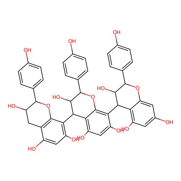 2D Structure of (2R,3R,4S)-2-(4-hydroxyphenyl)-4-[(2R,3R)-3,5,7-trihydroxy-2-(4-hydroxyphenyl)-3,4-dihydro-2H-chromen-8-yl]-8-[(2R,3R,4R)-3,5,7-trihydroxy-2-(4-hydroxyphenyl)-3,4-dihydro-2H-chromen-4-yl]-3,4-dihydro-2H-chromene-3,5,7-triol