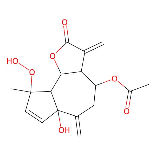 2D Structure of (9-hydroperoxy-6a-hydroxy-9-methyl-3,6-dimethylidene-2-oxo-4,5,9a,9b-tetrahydro-3aH-azuleno[4,5-b]furan-4-yl) acetate