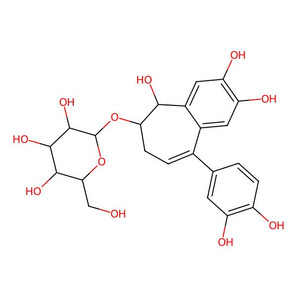 2D Structure of (2R,3R,4S,5S,6R)-2-[[(5R,6R)-9-(3,4-dihydroxyphenyl)-2,3,5-trihydroxy-6,7-dihydro-5H-benzo[7]annulen-6-yl]oxy]-6-(hydroxymethyl)oxane-3,4,5-triol