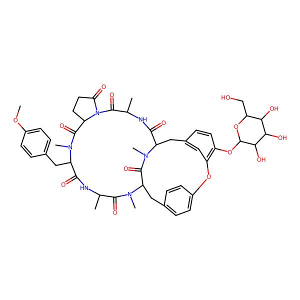 2D Structure of (1S,4R,10S,13S,16S,19S)-13-[(4-methoxyphenyl)methyl]-4,12,16,18,32-pentamethyl-27-[(2S,3R,4S,5S,6R)-3,4,5-trihydroxy-6-(hydroxymethyl)oxan-2-yl]oxy-25-oxa-3,6,12,15,18,32-hexazapentacyclo[17.12.2.221,24.126,30.06,10]hexatriaconta-21,23,26,28,30(34),35-hexaene-2,5,7,11,14,17,33-heptone