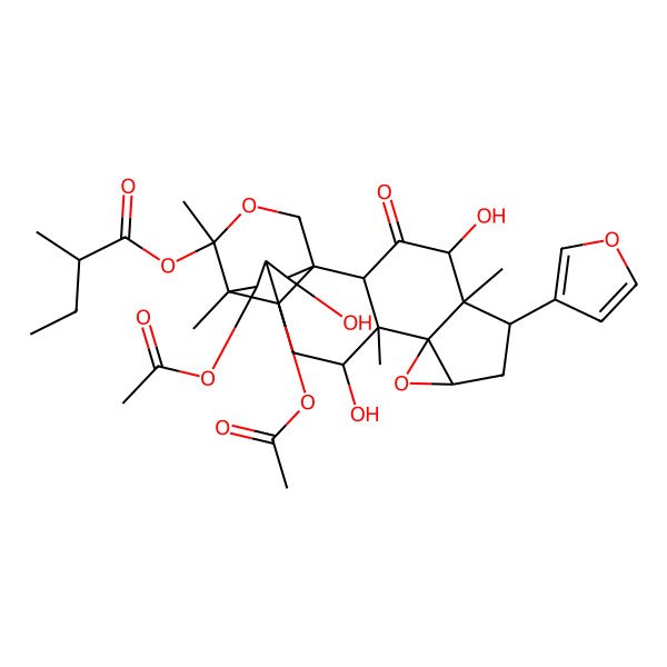2D Structure of [(1S,2R,4S,5R,6S,8R,10S,11S,12R,14R,15R,16S,19R,20R,21S)-20,21-diacetyloxy-6-(furan-3-yl)-4,12,19-trihydroxy-5,11,15,16-tetramethyl-3-oxo-9,17-dioxahexacyclo[13.3.3.01,14.02,11.05,10.08,10]henicosan-16-yl] (2R)-2-methylbutanoate