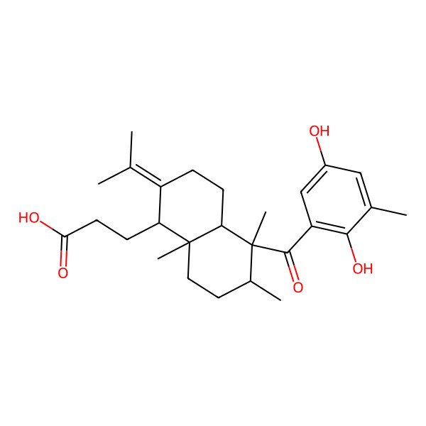 2D Structure of 3-[(1S,4aS,5S,6S,8aS)-5-(2,5-dihydroxy-3-methylbenzoyl)-5,6,8a-trimethyl-2-propan-2-ylidene-3,4,4a,6,7,8-hexahydro-1H-naphthalen-1-yl]propanoic acid