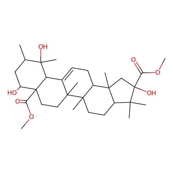 2D Structure of dimethyl (2S,3aR,5aR,5bS,7aS,8S,10R,11R,11aS,13aR,13bR)-2,8,11-trihydroxy-3,3,5a,5b,10,11,13b-heptamethyl-1,3a,4,5,6,7,8,9,10,11a,13,13a-dodecahydrocyclopenta[a]chrysene-2,7a-dicarboxylate