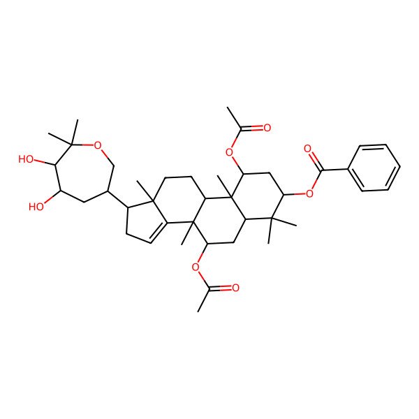 2D Structure of [(1S,3R,5S,7R,8R,9R,10S,13S,17S)-1,7-diacetyloxy-17-[(3S,5R,6S)-5,6-dihydroxy-7,7-dimethyloxepan-3-yl]-4,4,8,10,13-pentamethyl-2,3,5,6,7,9,11,12,16,17-decahydro-1H-cyclopenta[a]phenanthren-3-yl] benzoate