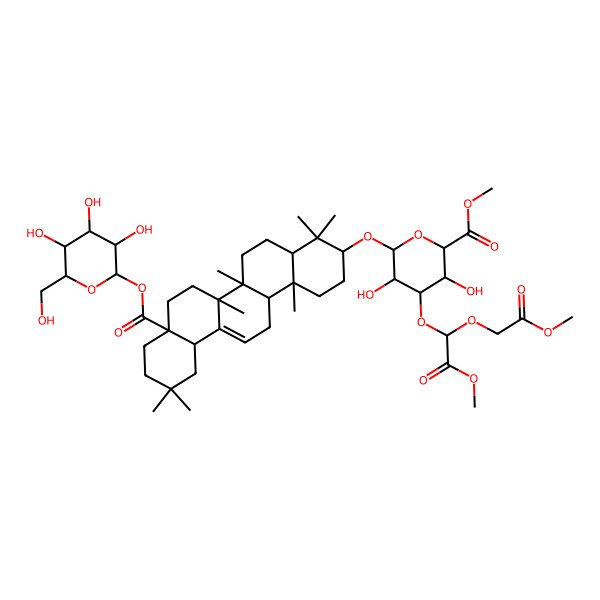 2D Structure of methyl (2S,3S,4S,5R,6R)-6-[[(3S,4aR,6aR,6bS,8aS,12aS,14aR,14bR)-4,4,6a,6b,11,11,14b-heptamethyl-8a-[(2S,3R,4S,5S,6R)-3,4,5-trihydroxy-6-(hydroxymethyl)oxan-2-yl]oxycarbonyl-1,2,3,4a,5,6,7,8,9,10,12,12a,14,14a-tetradecahydropicen-3-yl]oxy]-3,5-dihydroxy-4-[(1S)-2-methoxy-1-(2-methoxy-2-oxoethoxy)-2-oxoethoxy]oxane-2-carboxylate