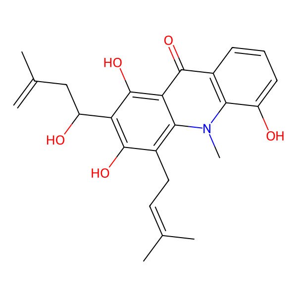 2D Structure of 1,3,5-trihydroxy-2-[(1R)-1-hydroxy-3-methylbut-3-enyl]-10-methyl-4-(3-methylbut-2-enyl)acridin-9-one