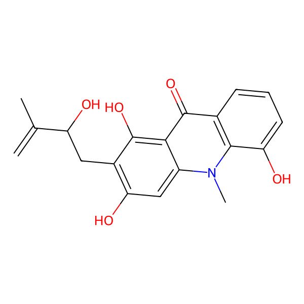 2D Structure of 1,3,5-Trihydroxy-2-(2-hydroxy-3-methylbut-3-enyl)-10-methylacridin-9-one