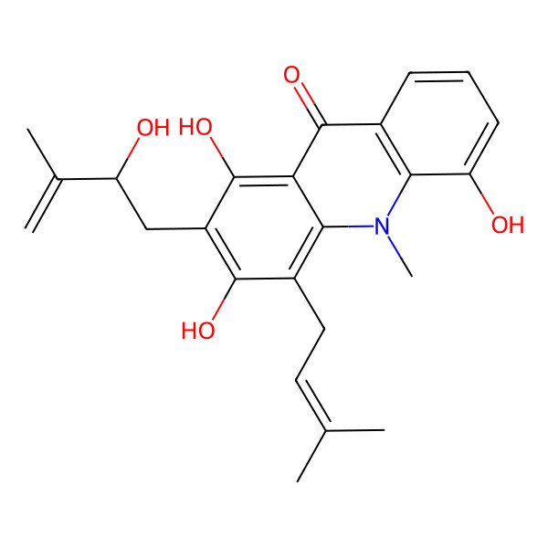 2D Structure of 1,3,5-trihydroxy-2-[(2R)-2-hydroxy-3-methylbut-3-enyl]-10-methyl-4-(3-methylbut-2-enyl)acridin-9-one