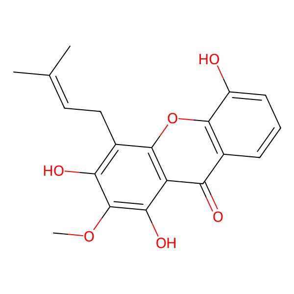 2D Structure of 1,3,5-Trihydroxy-2-methoxy-4-(3-methylbut-2-enyl)xanthen-9-one
