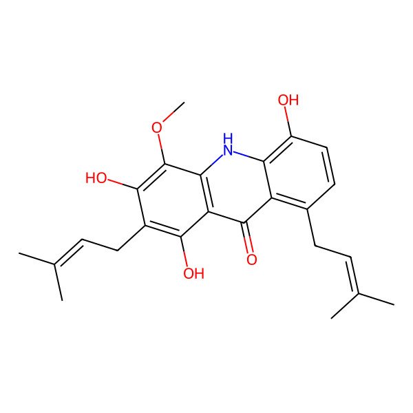 2D Structure of 1,3,5-trihydroxy-4-methoxy-2,8-bis(3-methylbut-2-enyl)-10H-acridin-9-one