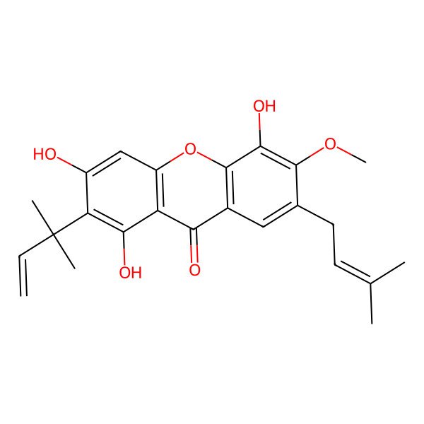 2D Structure of 1,3,5-Trihydroxy-6-methoxy-2-(2-methylbut-3-en-2-yl)-7-(3-methylbut-2-enyl)xanthen-9-one