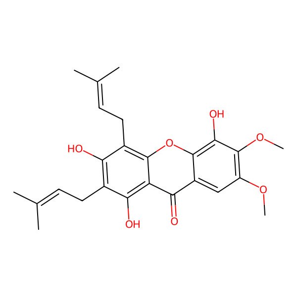 2D Structure of 1,3,5-Trihydroxy-6,7-dimethoxy-2,4-bis(3-methylbut-2-enyl)xanthen-9-one
