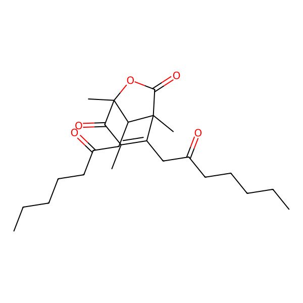 2D Structure of 1,3,5-Trimethyl-2,8-bis(2-oxoheptyl)-6-oxabicyclo[3.2.1]oct-2-ene-4,7-dione