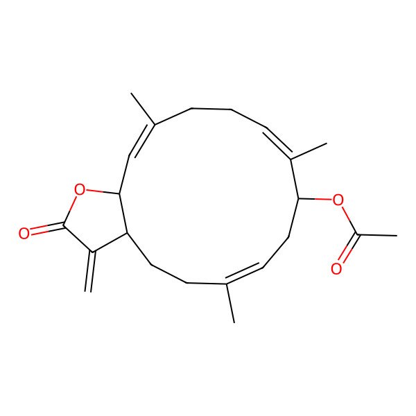 2D Structure of (6,10,14-Trimethyl-3-methylidene-2-oxo-3a,4,5,8,9,12,13,15a-octahydrocyclotetradeca[b]furan-9-yl) acetate