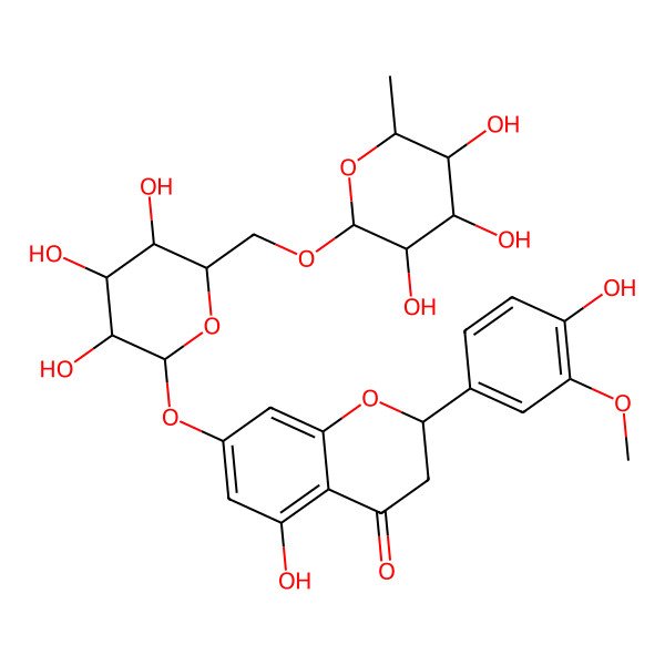 2D Structure of 5-Hydroxy-2-(4-hydroxy-3-methoxyphenyl)-7-[3,4,5-trihydroxy-6-[(3,4,5-trihydroxy-6-methyloxan-2-yl)oxymethyl]oxan-2-yl]oxy-2,3-dihydrochromen-4-one