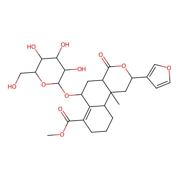 2D Structure of methyl 2-(furan-3-yl)-10b-methyl-4-oxo-6-[3,4,5-trihydroxy-6-(hydroxymethyl)oxan-2-yl]oxy-2,4a,5,6,8,9,10,10a-octahydro-1H-benzo[f]isochromene-7-carboxylate