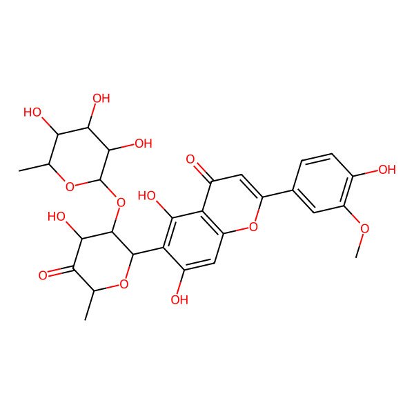 2D Structure of 5,7-dihydroxy-2-(4-hydroxy-3-methoxyphenyl)-6-[(2R,3S,4S,6S)-4-hydroxy-6-methyl-5-oxo-3-[(2S,3R,4R,5R,6S)-3,4,5-trihydroxy-6-methyloxan-2-yl]oxyoxan-2-yl]chromen-4-one