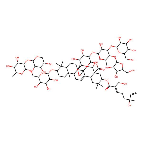 2D Structure of [(2S,3R,4S,5R,6R)-3-[(2S,3R,4S,5S,6S)-5-[(2S,3R,4R,5S)-3,4-dihydroxy-5-(hydroxymethyl)oxolan-2-yl]oxy-3-hydroxy-6-methyl-4-[(2S,3R,4S,5R,6R)-3,4,5-trihydroxy-6-(hydroxymethyl)oxan-2-yl]oxyoxan-2-yl]oxy-4,5-dihydroxy-6-(hydroxymethyl)oxan-2-yl] (3S,4aR,5R,6aR,6aS,6bR,8aR,10S,12aR,14bS)-10-[(2R,3R,4S,5R,6R)-6-[[(2R,3R,4S,5R,6R)-4,5-dihydroxy-6-methyl-3-[(2S,3R,4S,5R)-3,4,5-trihydroxyoxan-2-yl]oxyoxan-2-yl]oxymethyl]-3,4,5-trihydroxyoxan-2-yl]oxy-5-hydroxy-3-[(2E,6S)-6-hydroxy-2-(hydroxymethyl)-6-methylocta-2,7-dienoyl]oxy-2,2,6a,6b,9,9,12a-heptamethyl-1,3,4,5,6,6a,7,8,8a,10,11,12,13,14b-tetradecahydropicene-4a-carboxylate