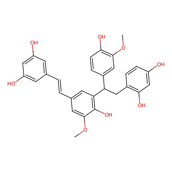 2D Structure of 4-[2-[5-[(E)-2-(3,5-dihydroxyphenyl)ethenyl]-2-hydroxy-3-methoxyphenyl]-2-(4-hydroxy-3-methoxyphenyl)ethyl]benzene-1,3-diol