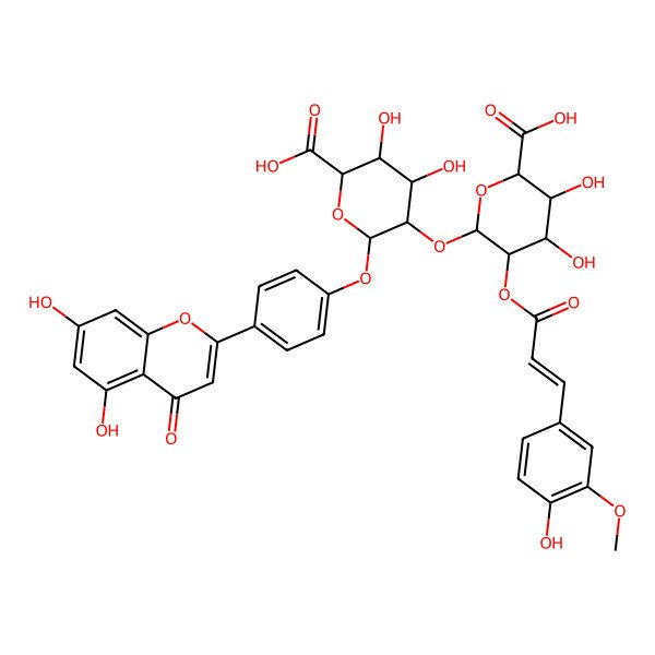 2D Structure of (2R,3S,4S,5R,6S)-5-[(2R,3R,4S,5R,6S)-6-carboxy-4,5-dihydroxy-3-[(E)-3-(4-hydroxy-3-methoxyphenyl)prop-2-enoyl]oxyoxan-2-yl]oxy-6-[4-(5,7-dihydroxy-4-oxochromen-2-yl)phenoxy]-3,4-dihydroxyoxane-2-carboxylic acid