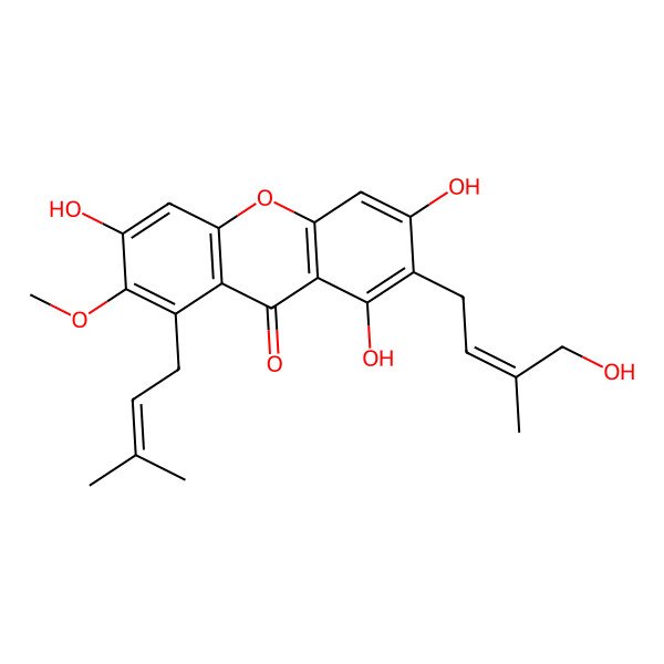 2D Structure of 1,3,6-trihydroxy-2-[(Z)-4-hydroxy-3-methylbut-2-enyl]-7-methoxy-8-(3-methylbut-2-enyl)xanthen-9-one