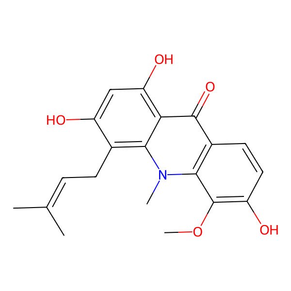 2D Structure of 1,3,6-Trihydroxy-5-methoxy-10-methyl-4-(3-methylbut-2-enyl)acridin-9-one