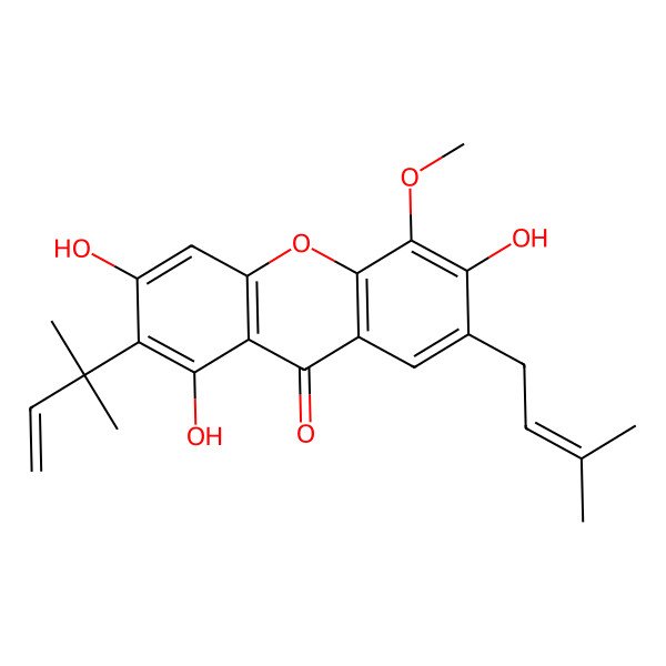 2D Structure of 1,3,6-Trihydroxy-5-methoxy-2-(2-methylbut-3-en-2-yl)-7-(3-methylbut-2-enyl)xanthen-9-one