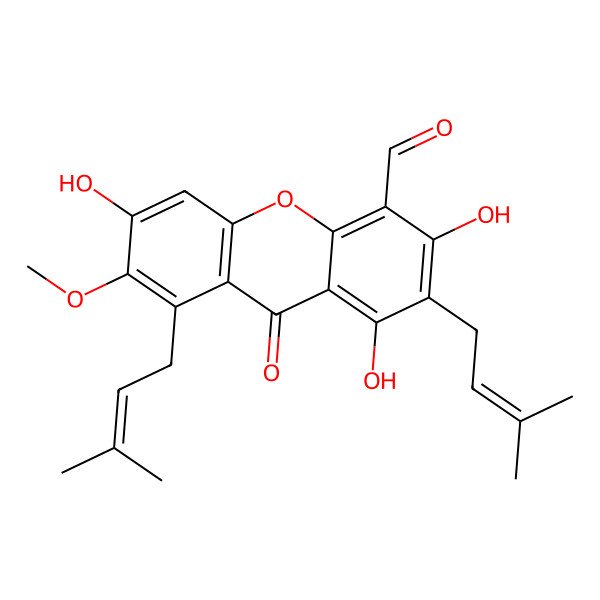 2D Structure of 1,3,6-trihydroxy-7-methoxy-2,8-bis(3-methylbut-2-enyl)-9-oxoxanthene-4-carbaldehyde