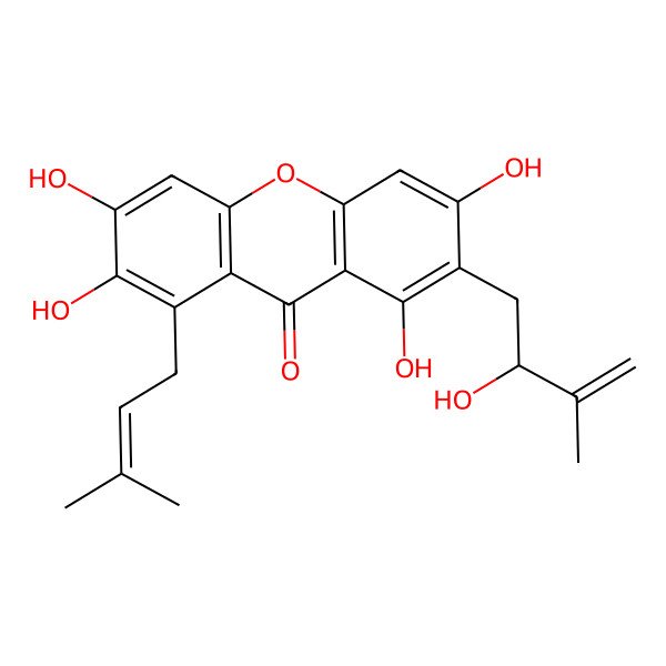 2D Structure of 1,3,6,7-tetrahydroxy-2-[(2R)-2-hydroxy-3-methylbut-3-enyl]-8-(3-methylbut-2-enyl)xanthen-9-one