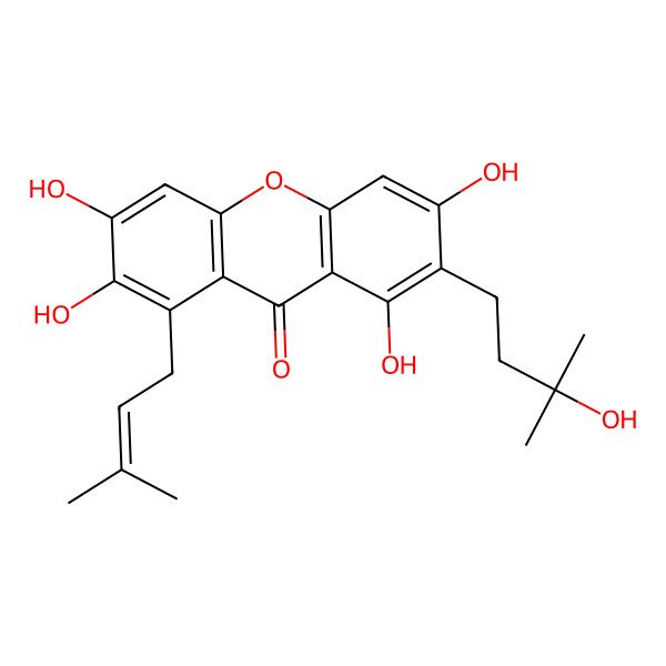 2D Structure of 1,3,6,7-Tetrahydroxy-2-(3-hydroxy-3-methylbutyl)-8-(3-methylbut-2-enyl)xanthen-9-one